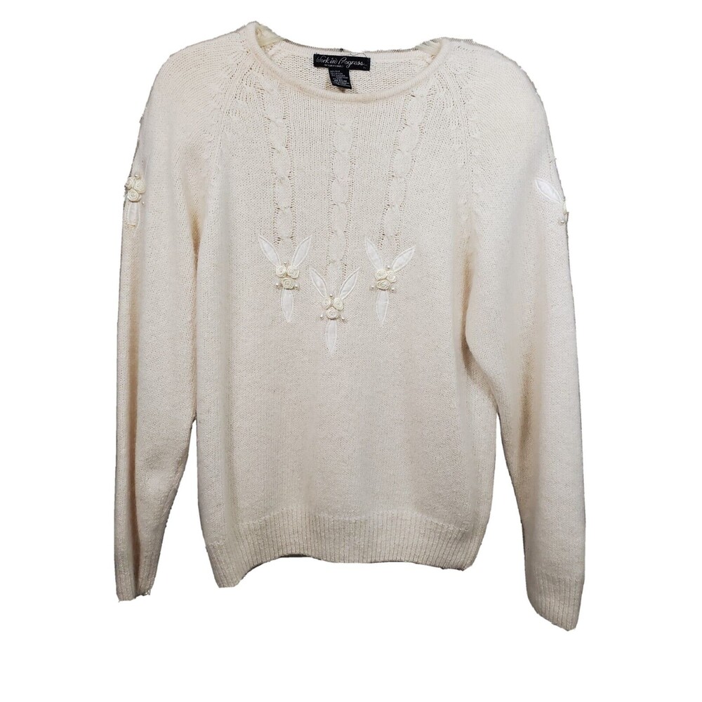 Work in Progress Vintage Women's Sweater Ivory Silk Angora Wool Pearls Roses MED